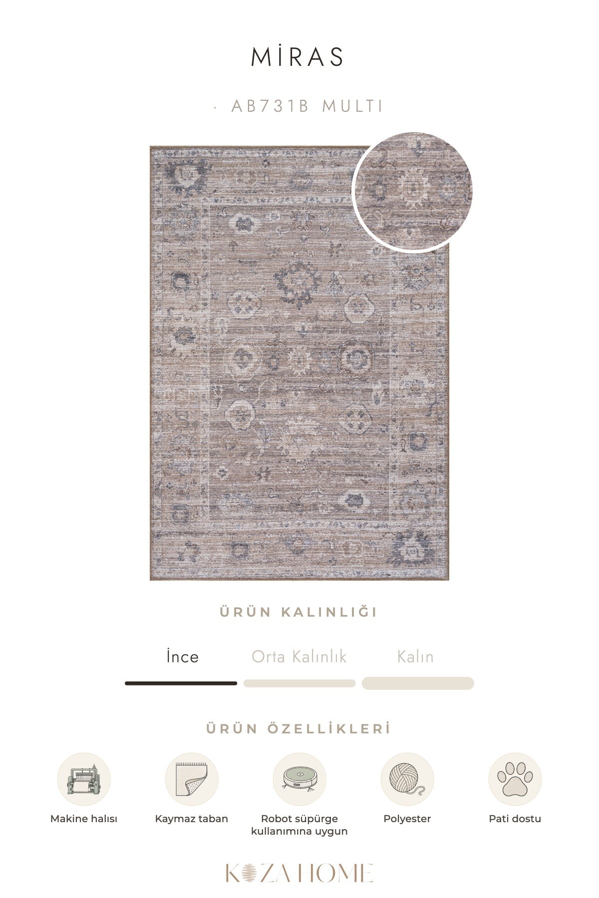 Koza Miras Yıkanabilir Pamuk Kaymaz Taban Şönil Multi Halı AB731B