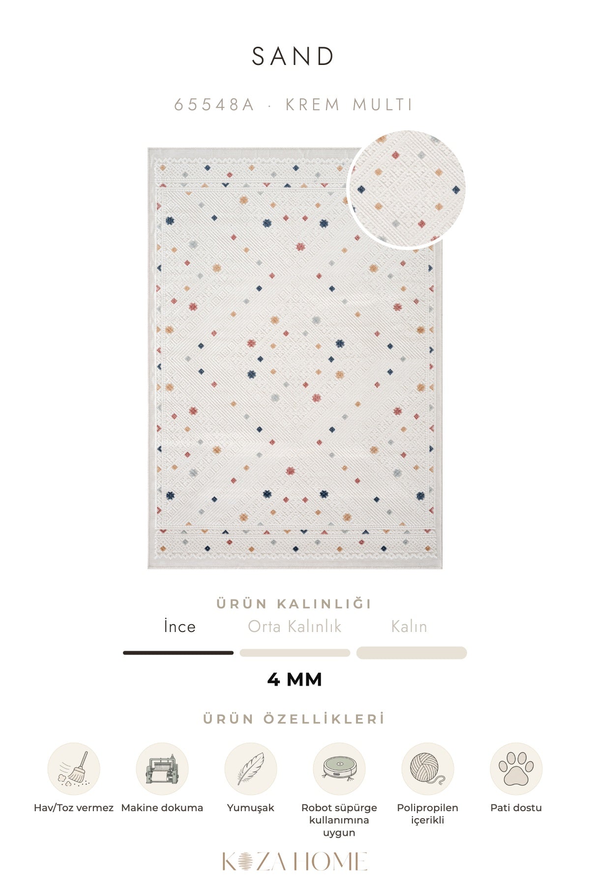 Sand Krem Multi Temizlenebilir Halı 65548A