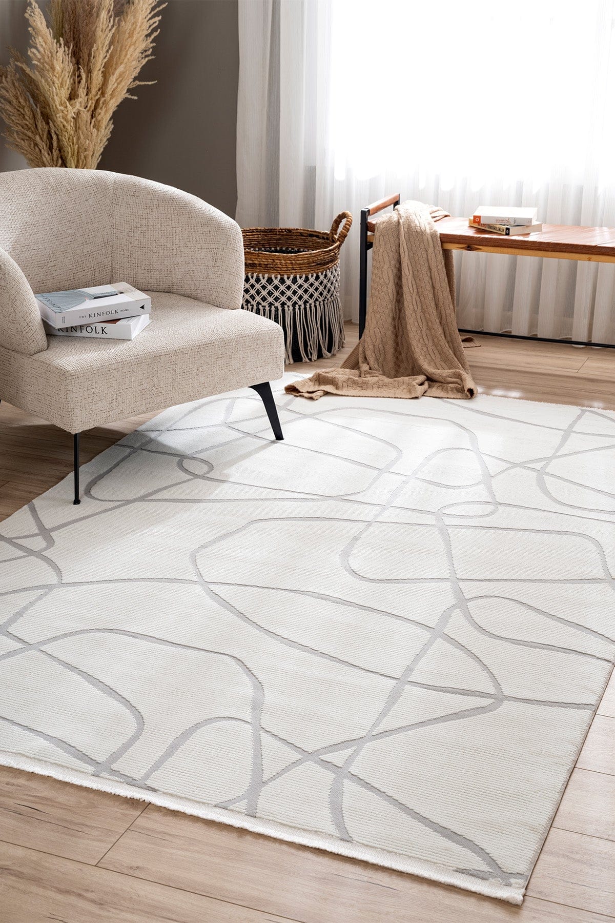 Farahan Krem Gri Geometrik Desenli Halı A0858A