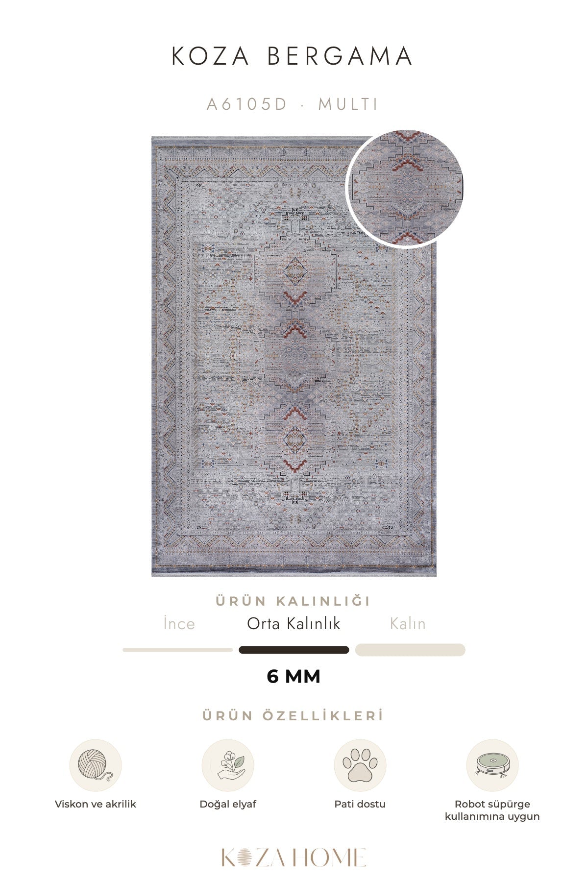 Koza Bergama Multi Viskon Salon Halısı A6105D