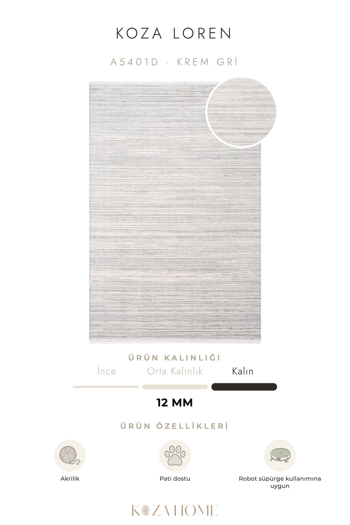 Koza Loren Krem Gri Uzun Havlı Salon Halısı A5401D