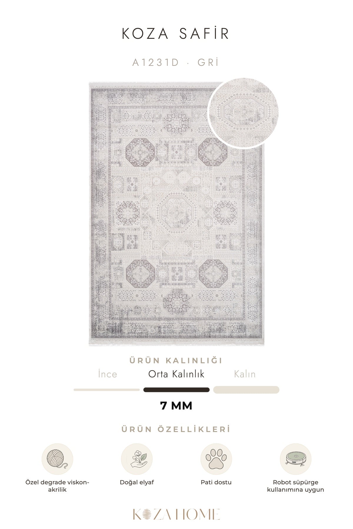 Koza Safir Gri Klasik Motifli Salon Halısı A1231D