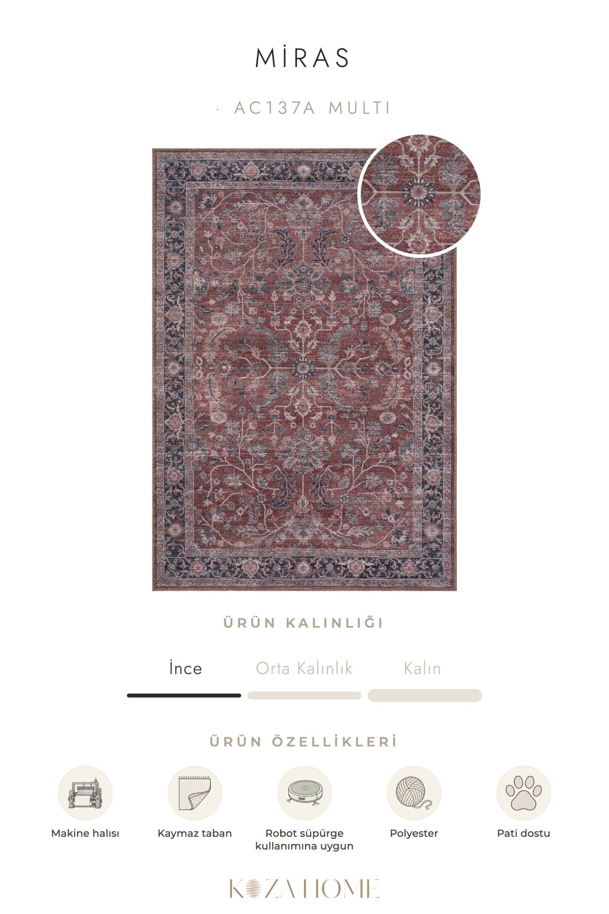 Koza Miras Yıkanabilir Pamuk Kaymaz Taban Şönil Multi Halı AC137A