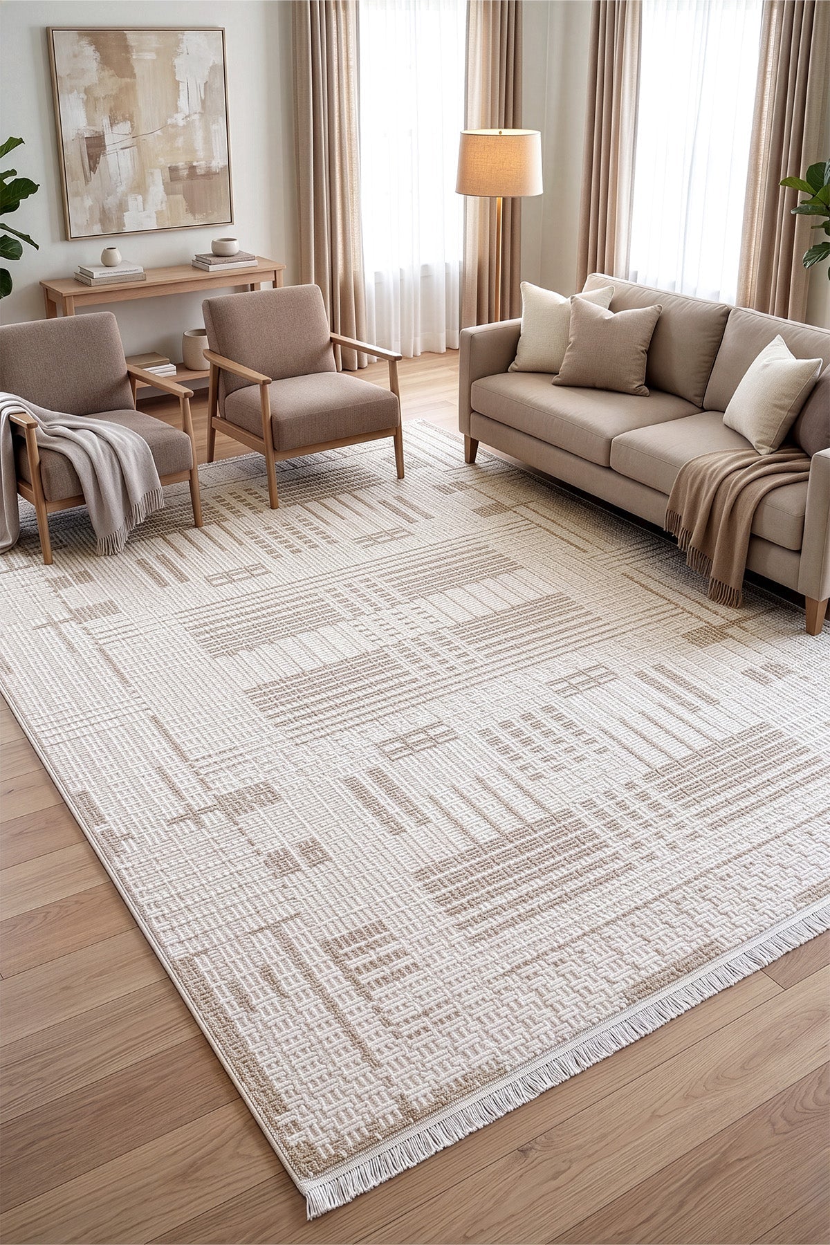 Koza Vista Krem Bej Çizgisel Salon Halısı A5116A