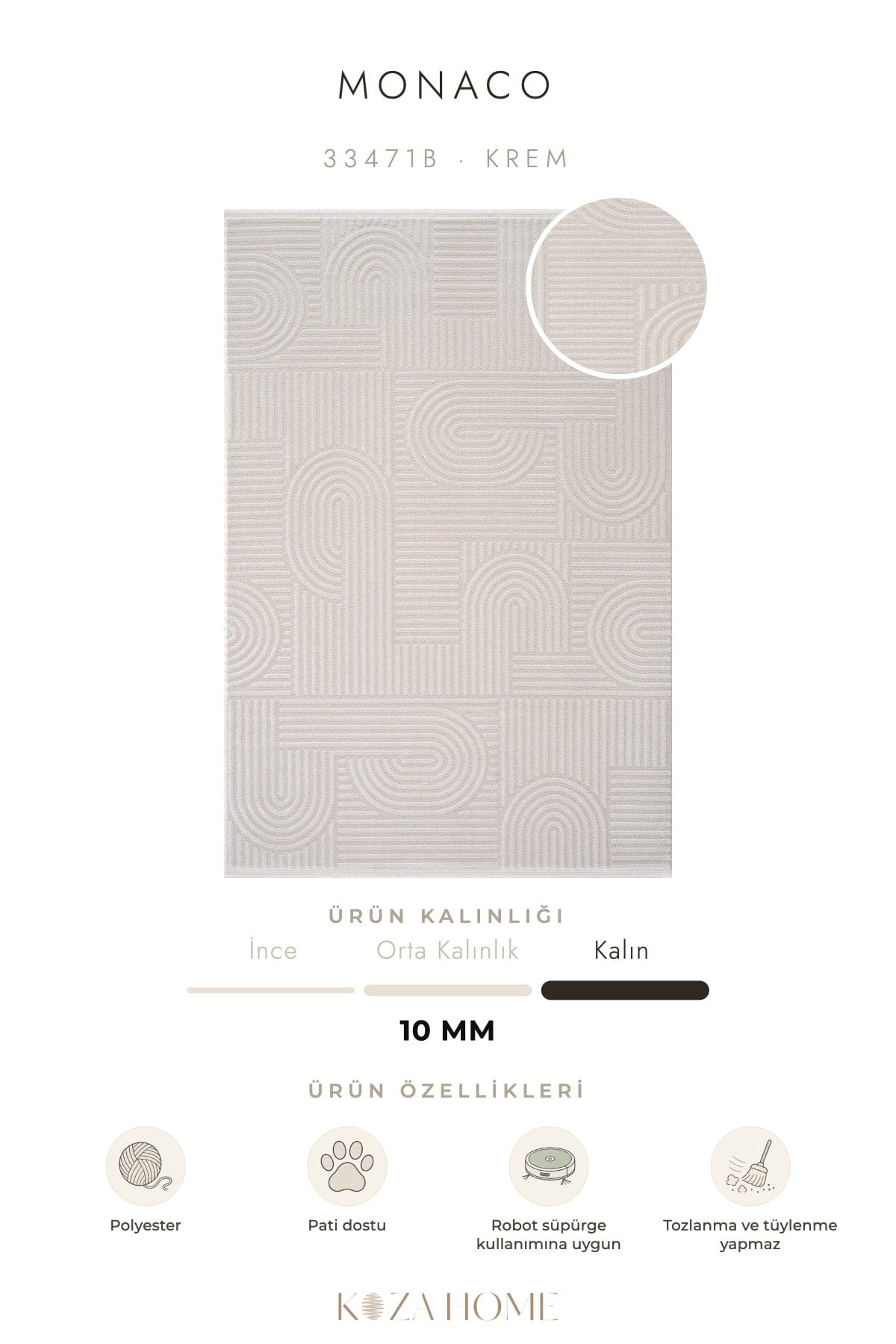 Koza Hayad Monaco Cream Dust-Free Rug 33471B