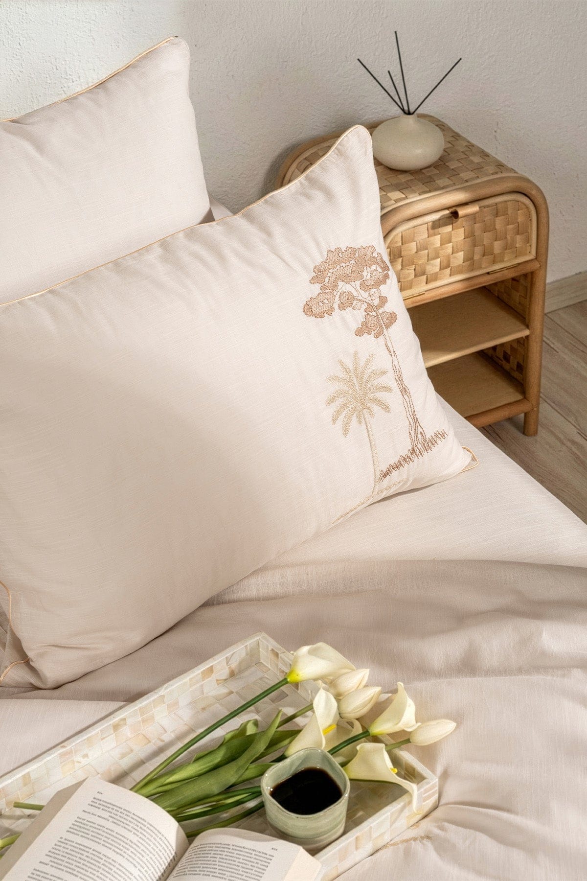 Palm Beige Double Embroidered Linen Duvet Cover Set 2503