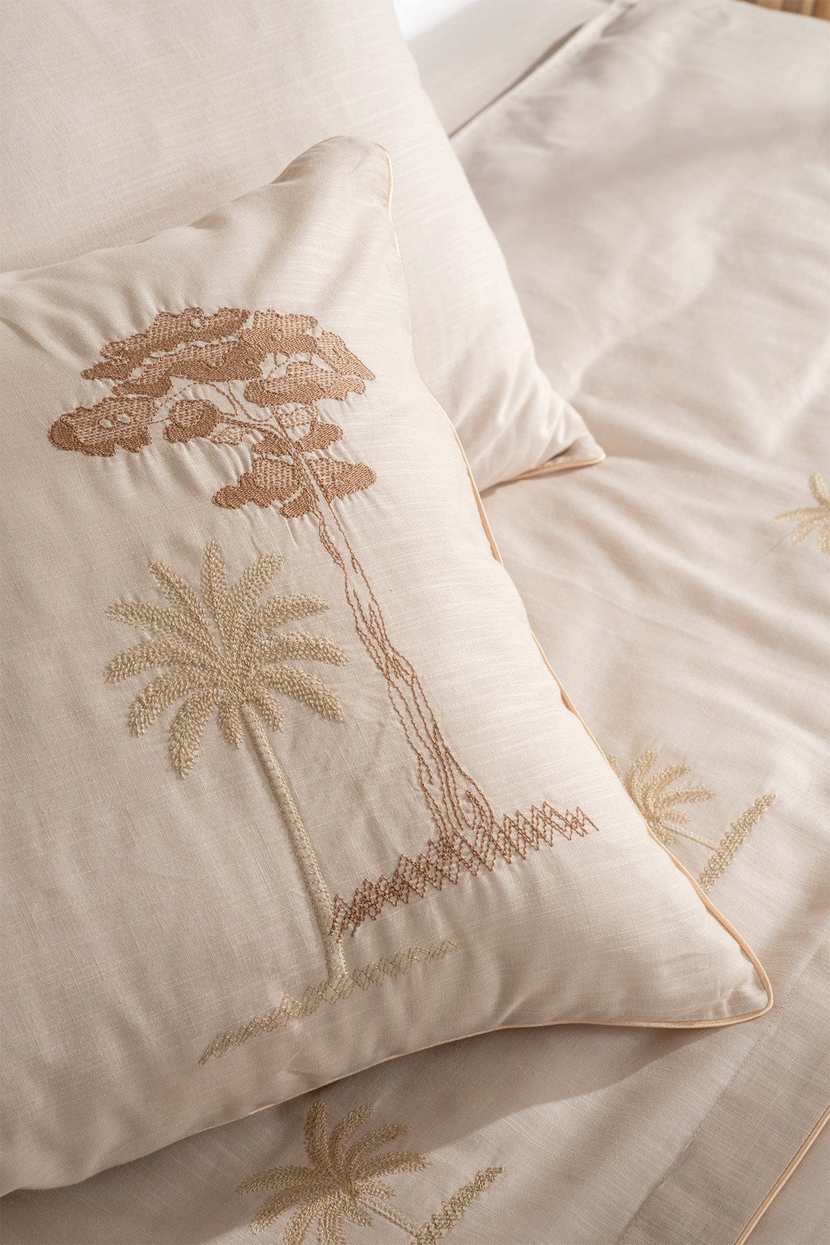 Palm Beige Double Embroidered Linen Duvet Cover Set 2503