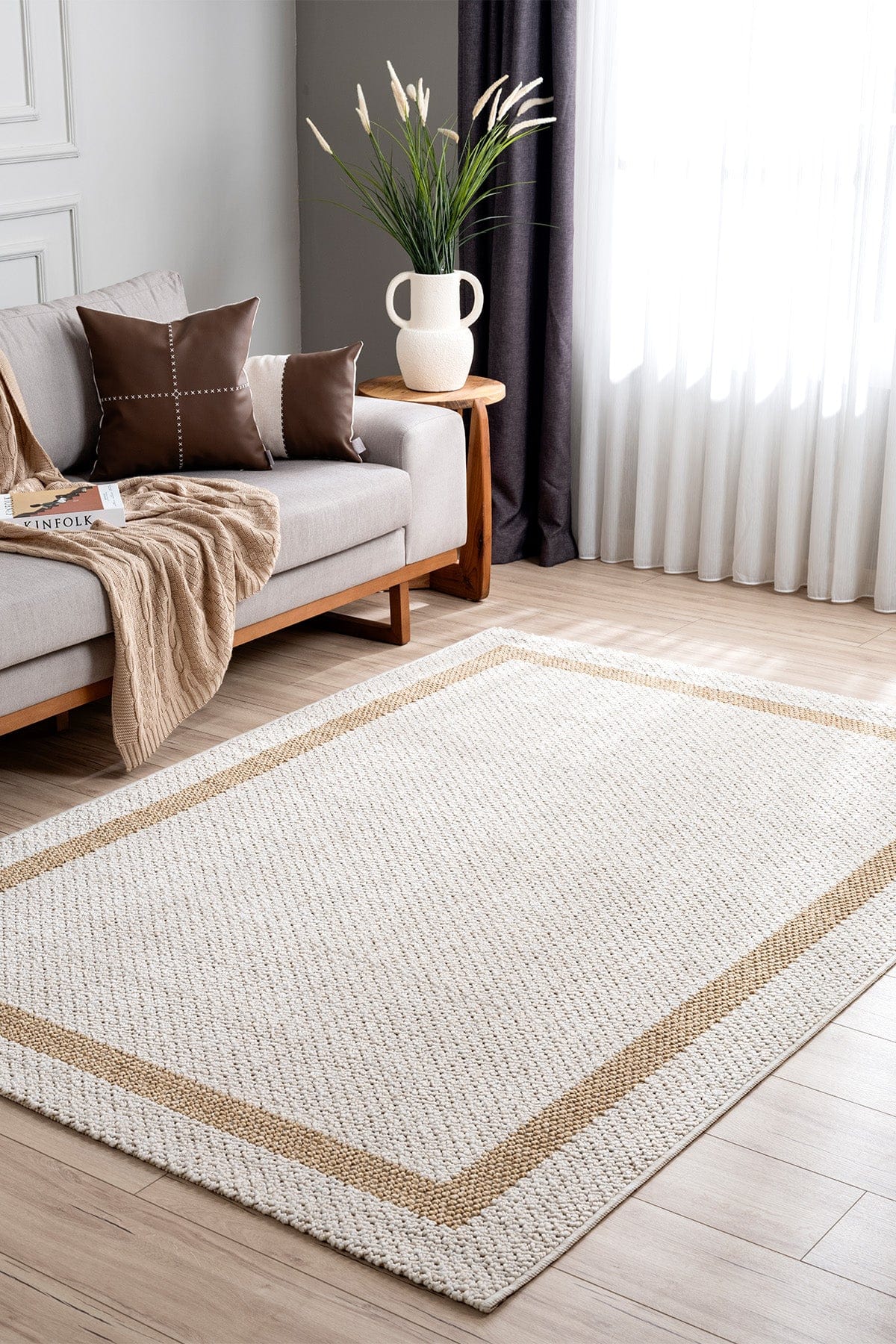 Retro Plain Krem Natural Bordürlü Halı A3234A